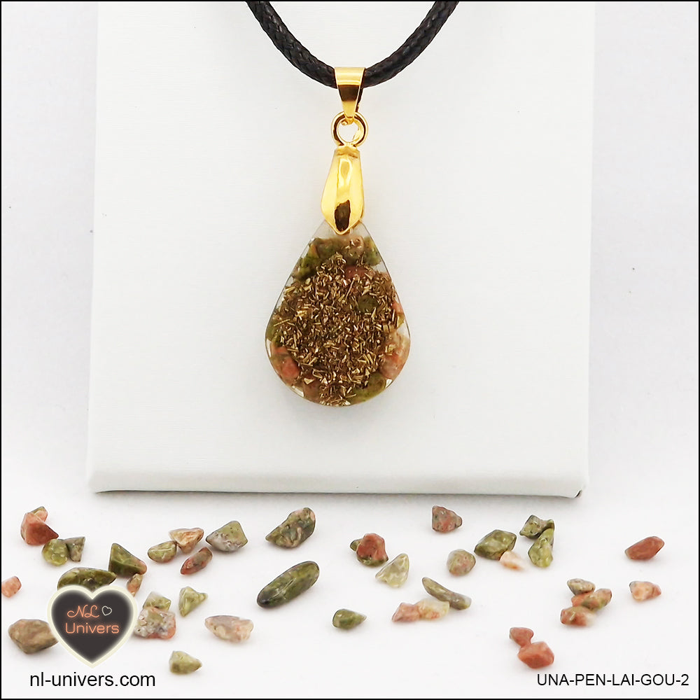 Pendentif Unakite goutte en orgonite laiton