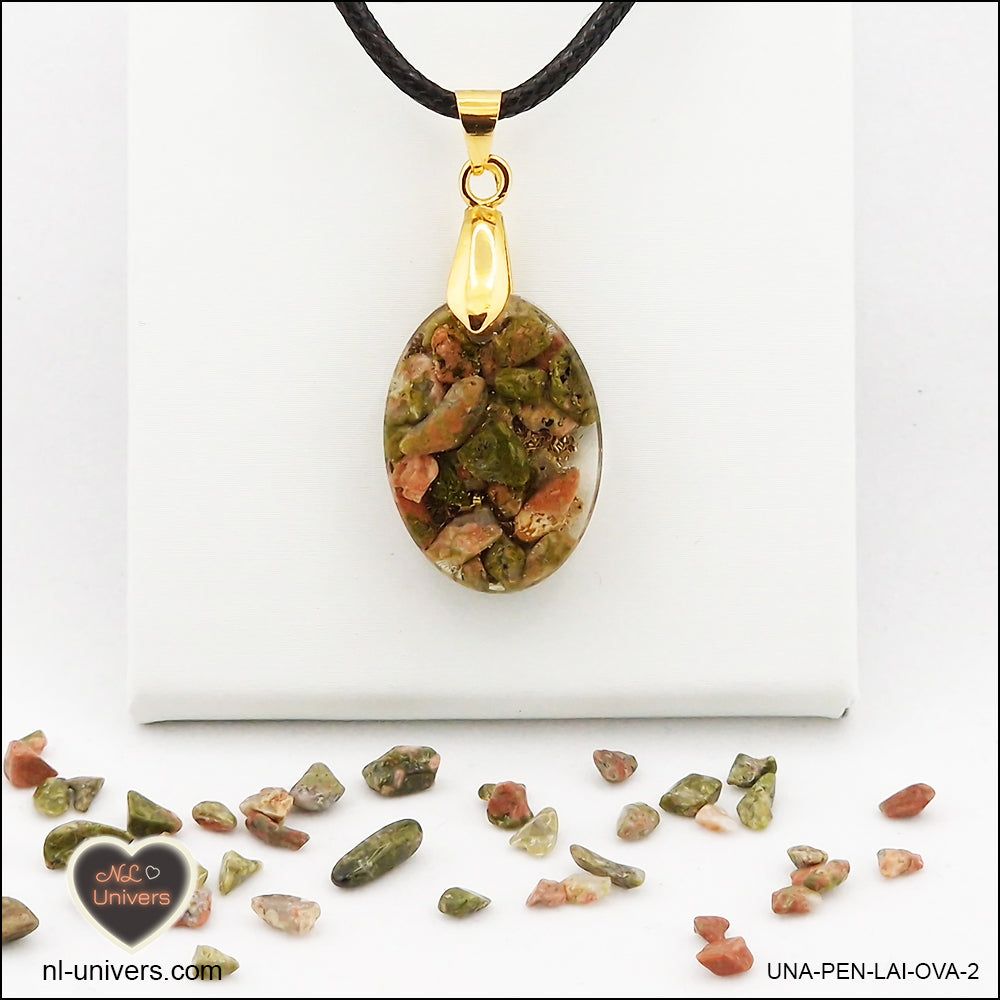 Pendentif Unakite ovale M.1 en orgonite laiton