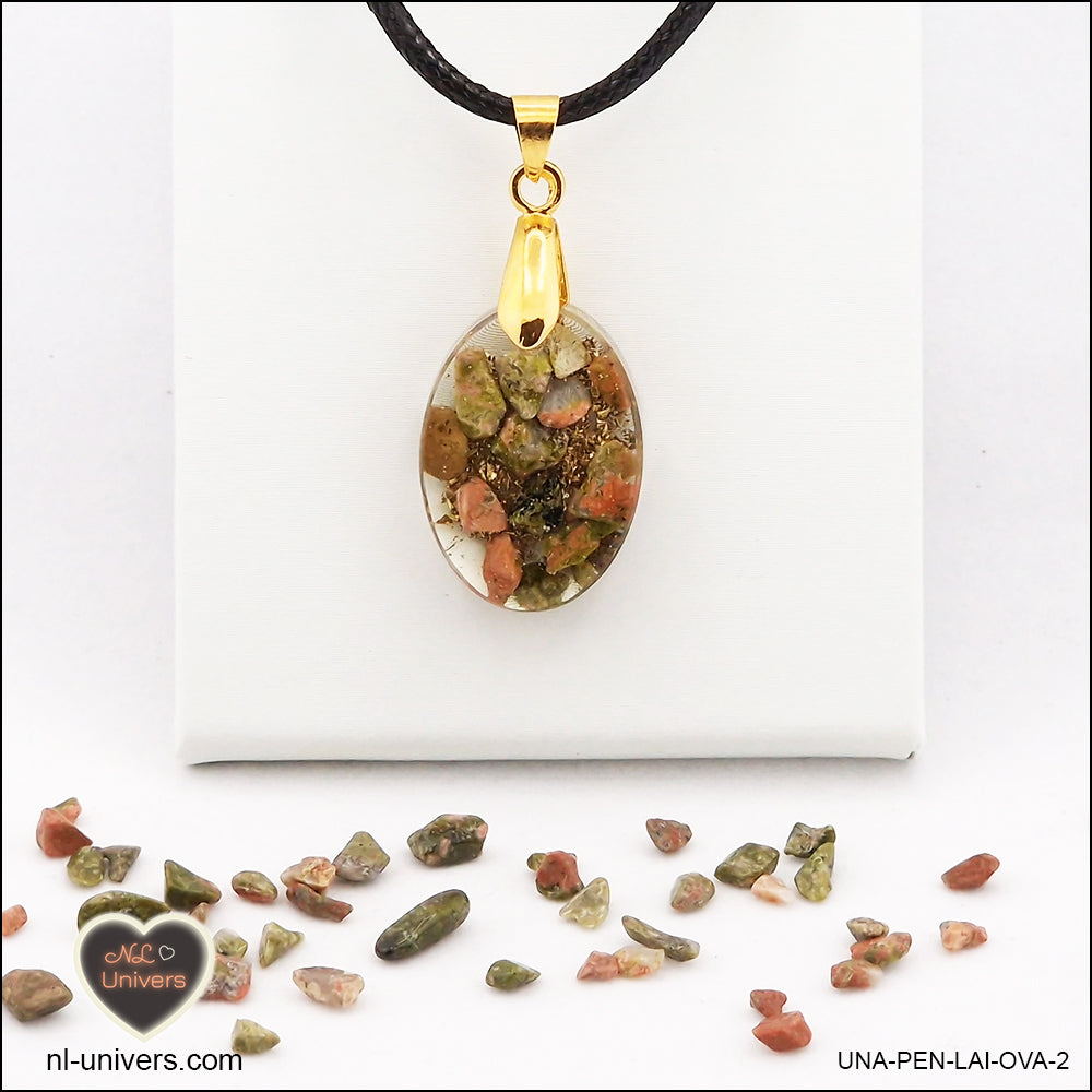 Unakite oval pendant M.1 in brass orgonite