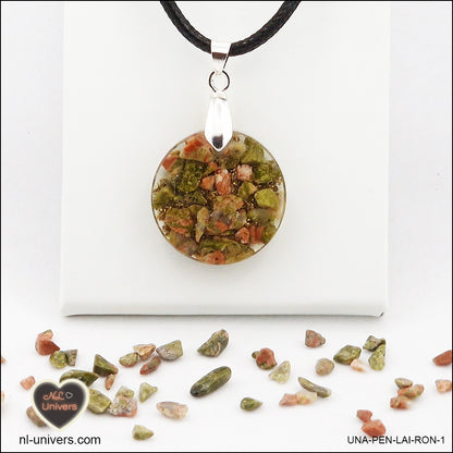 Pendentif Unakite rond M.1 en orgonite laiton