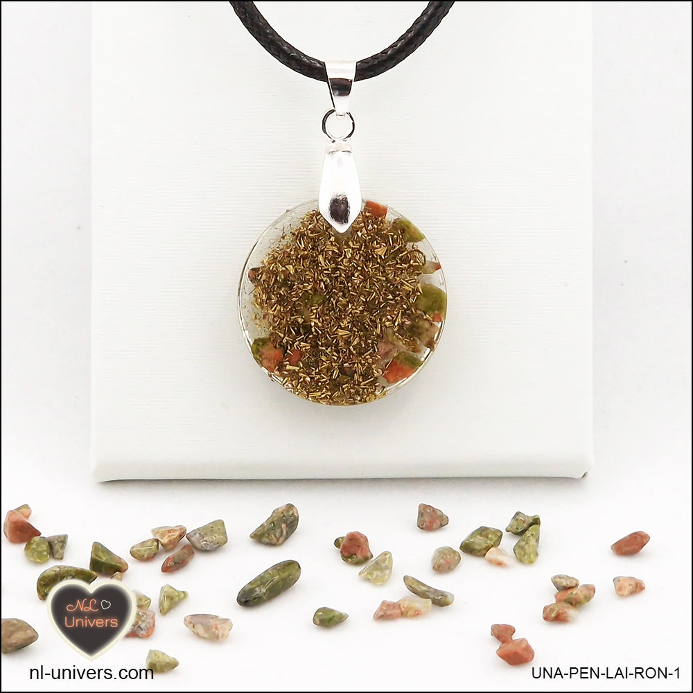 Pendentif Unakite rond M.1 en orgonite laiton