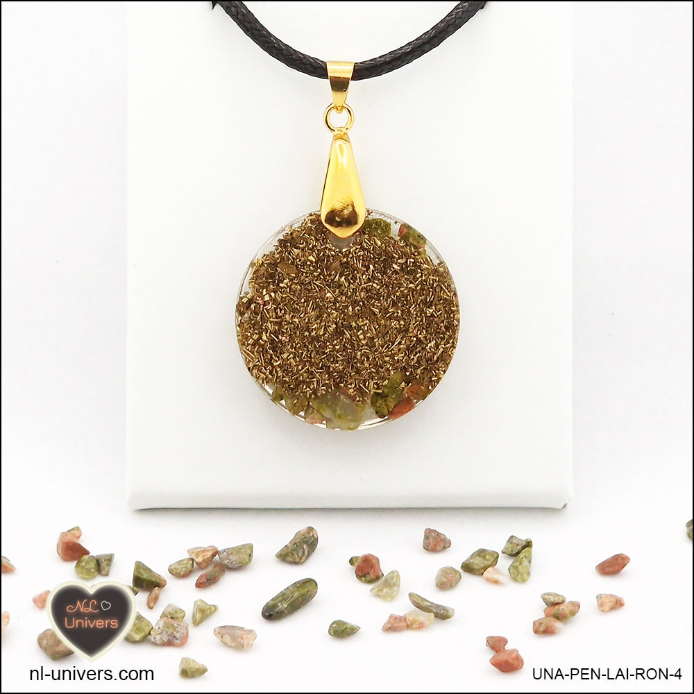 Pendentif Unakite rond M.2 en orgonite laiton