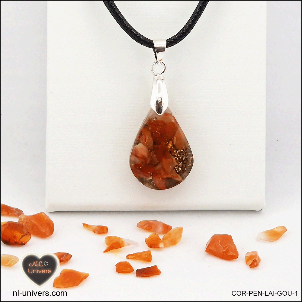 Carnelian drop pendant in brass orgonite