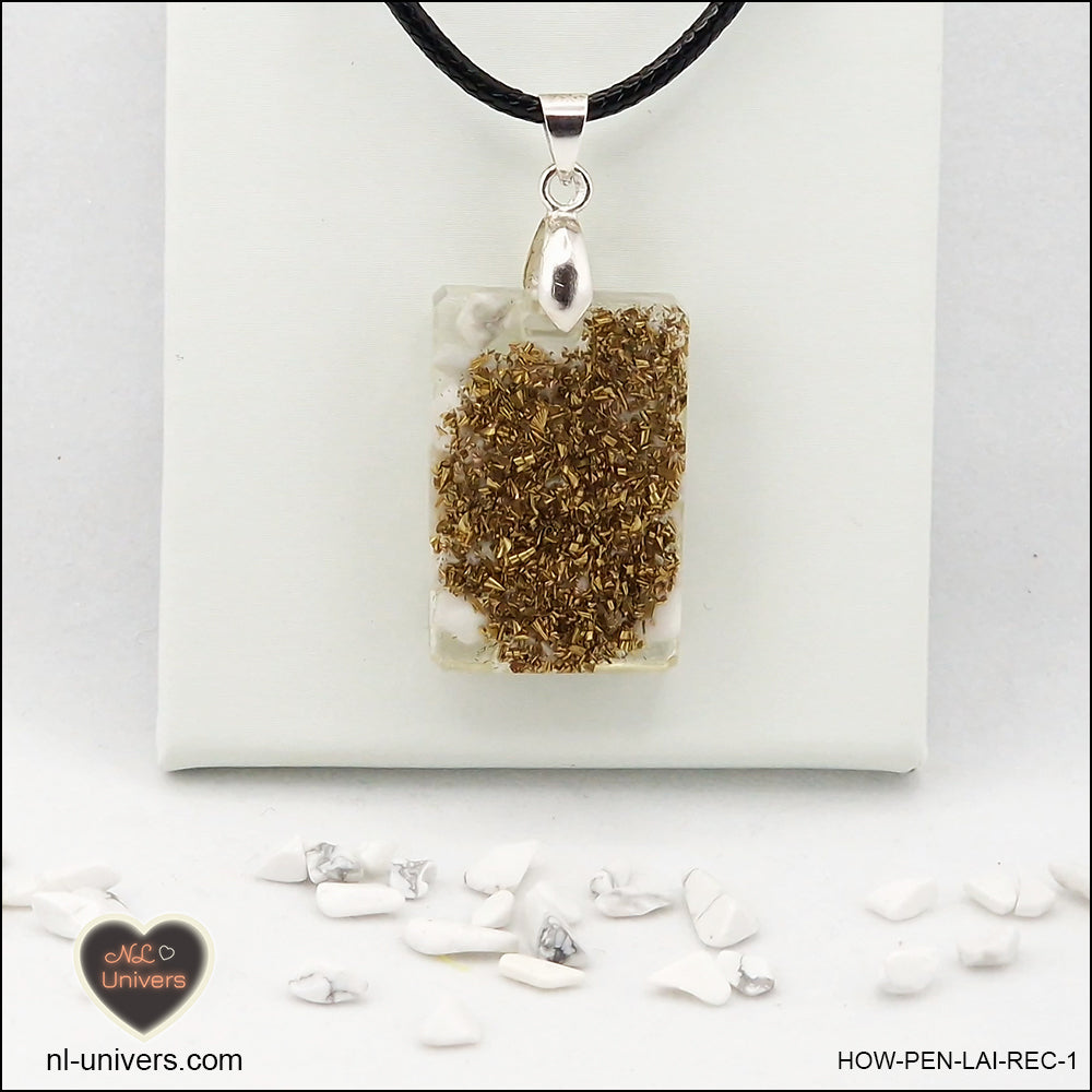 Pendentif Howlite-Magnésite rectangle M.1 en orgonite laiton