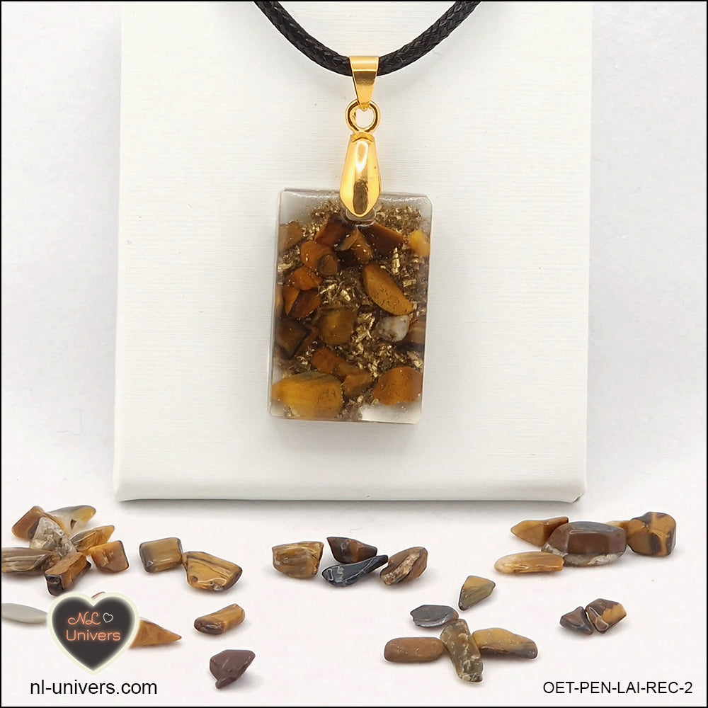 Pendentif Œil de Tigre rectangle M.1 en orgonite laiton