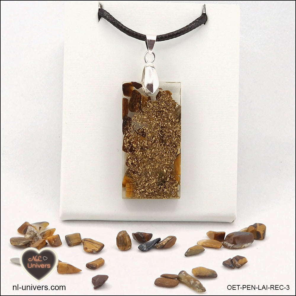 Pendentif Œil de Tigre rectangle M.2 en orgonite laiton