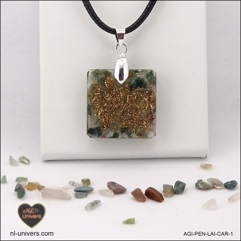 Pendentif Agate Indienne carré M.1 en orgonite laiton