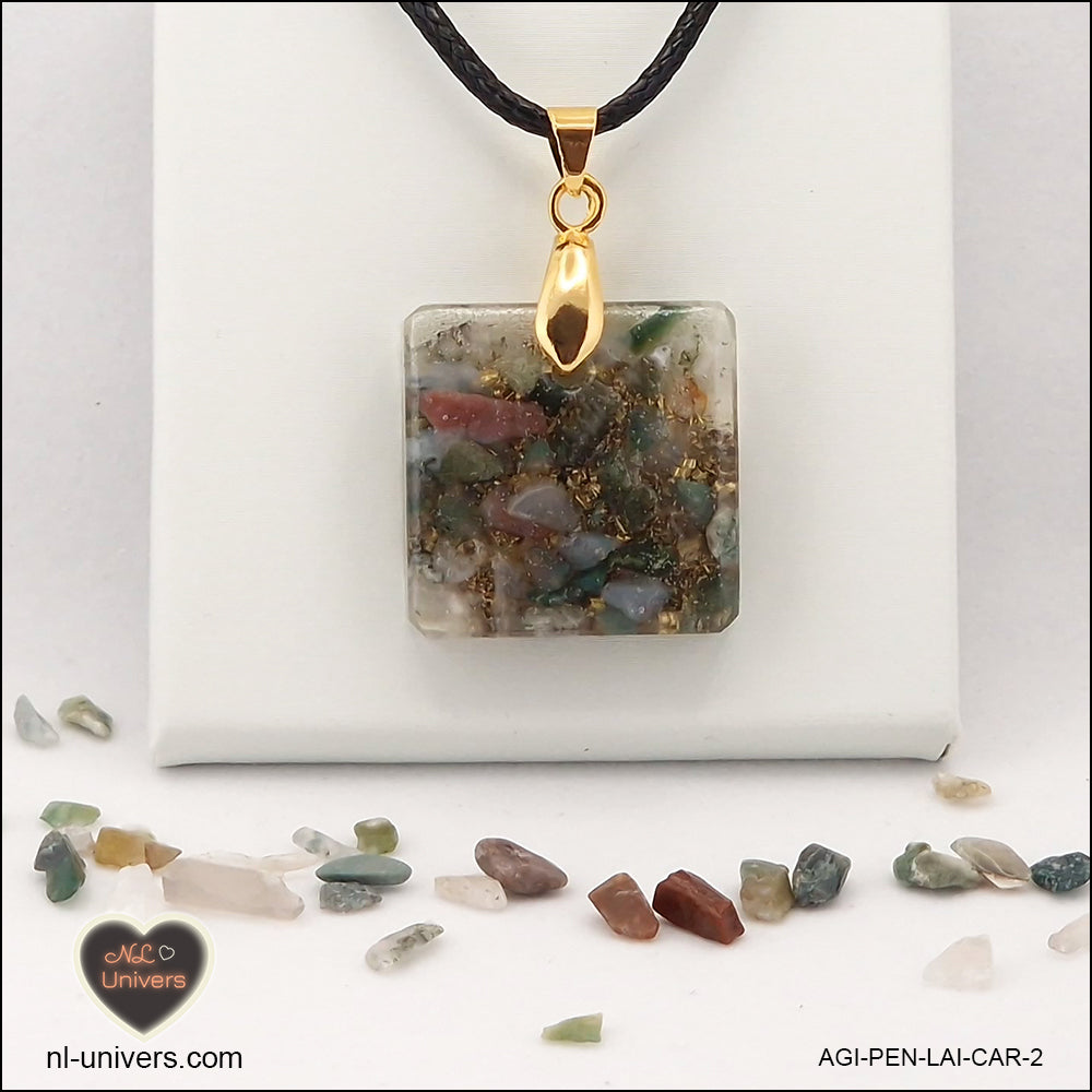 Pendentif Agate Indienne carré M.1 en orgonite laiton