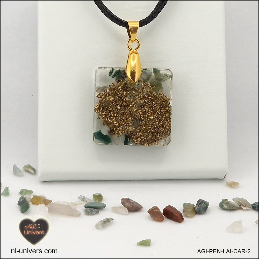 Pendentif Agate Indienne carré M.1 en orgonite laiton