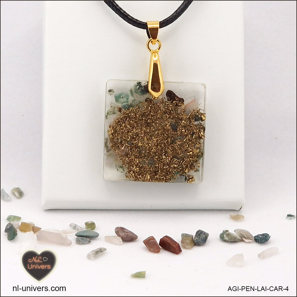 Square Indian Agate pendant M.2 in brass orgonite