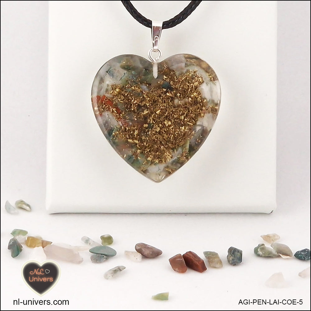 Indian Agate heart pendant M.3 in brass orgonite