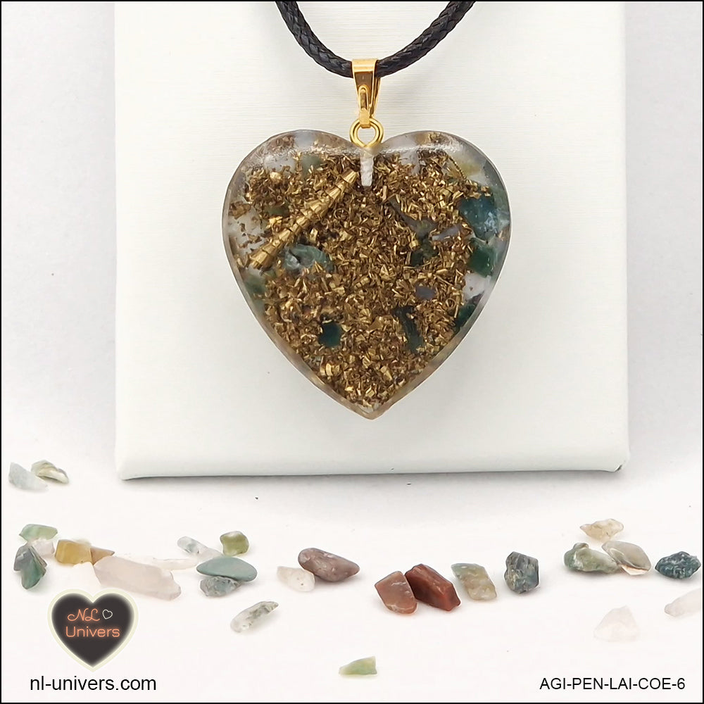 Indian Agate heart pendant M.3 in brass orgonite