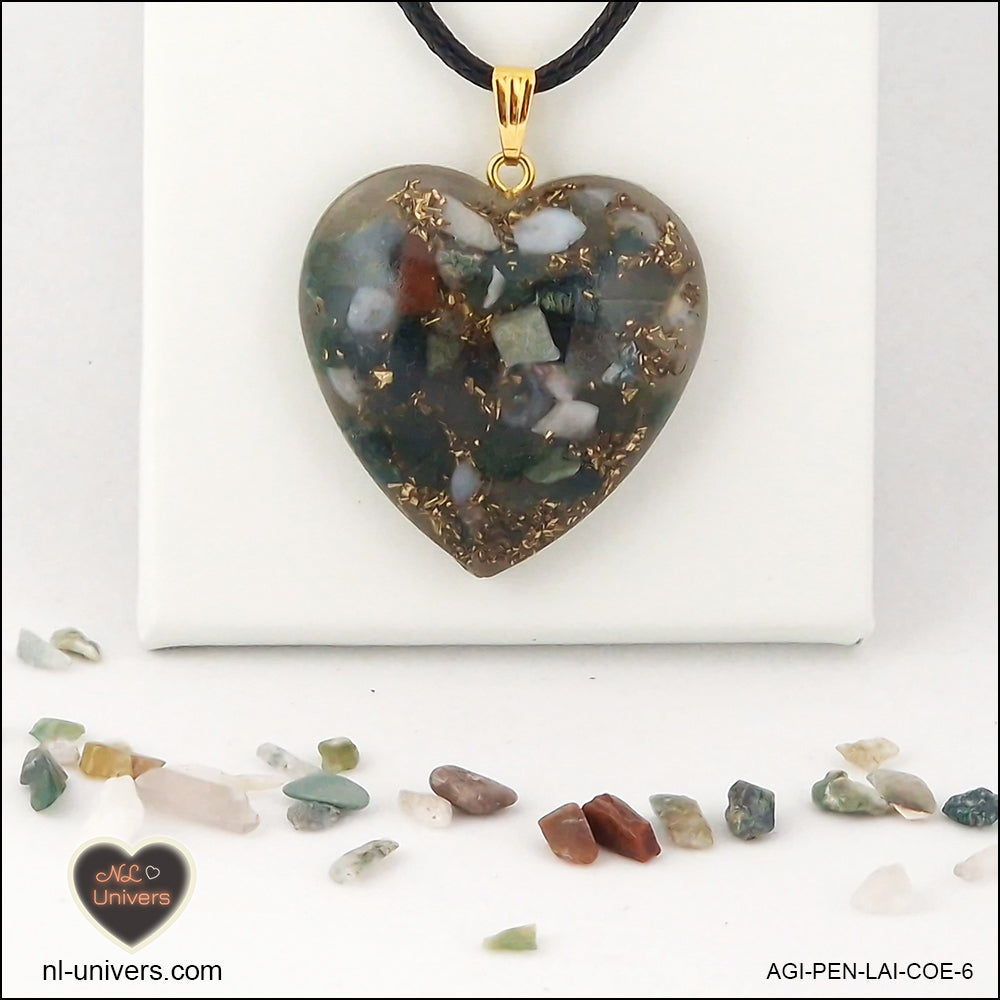 Indian Agate heart pendant M.3 in brass orgonite