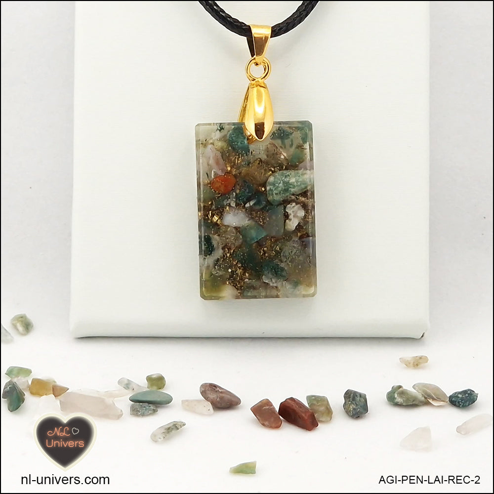 Pendentif Agate Indienne rectangle M.1 en orgonite laiton