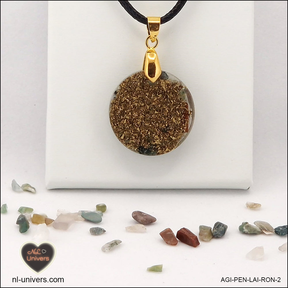 Round Indian Agate pendant M.1 in brass orgonite