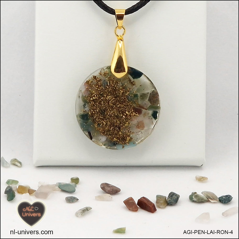 Round Indian Agate pendant M.2 in brass orgonite