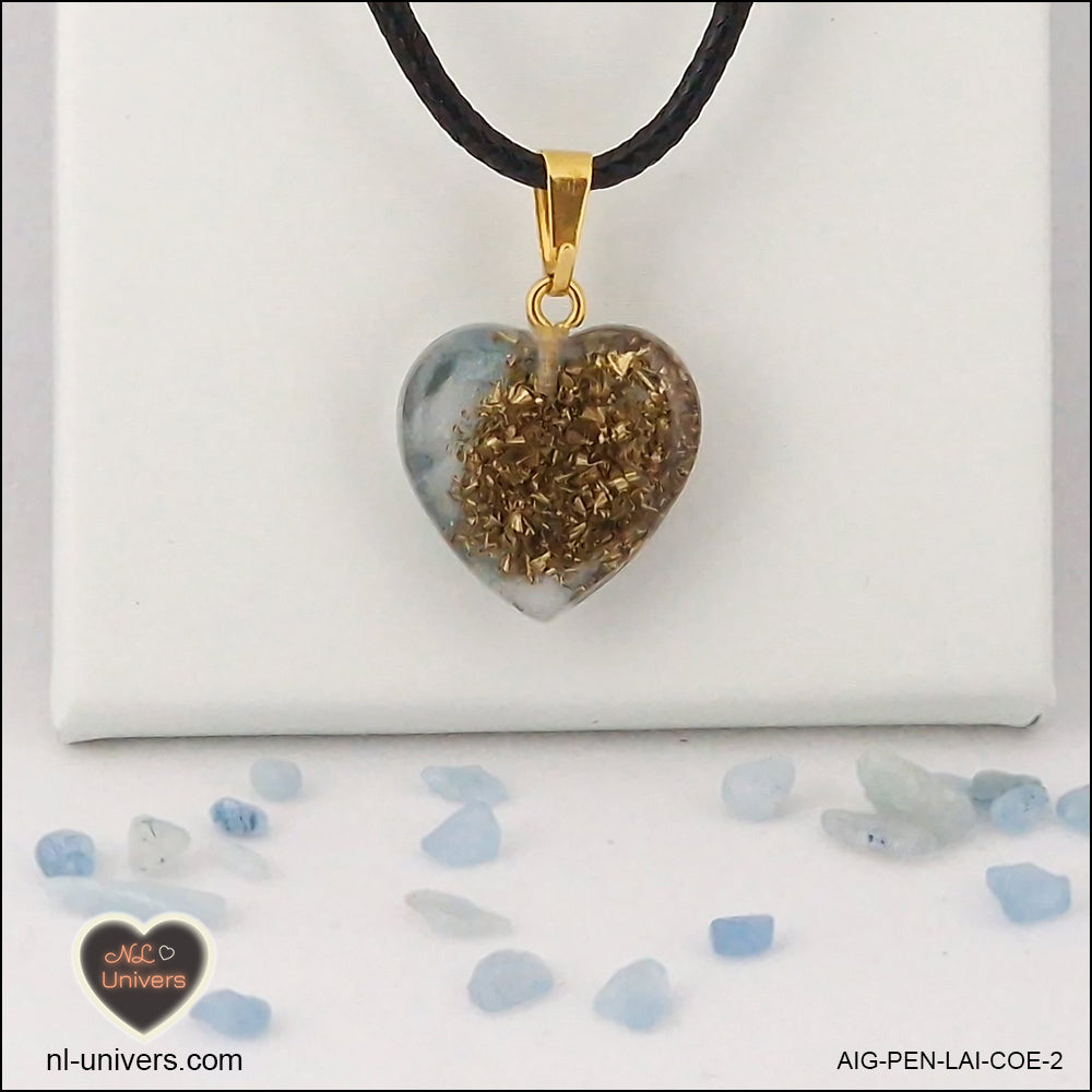 Aquamarine heart pendant M.1 in brass orgonite