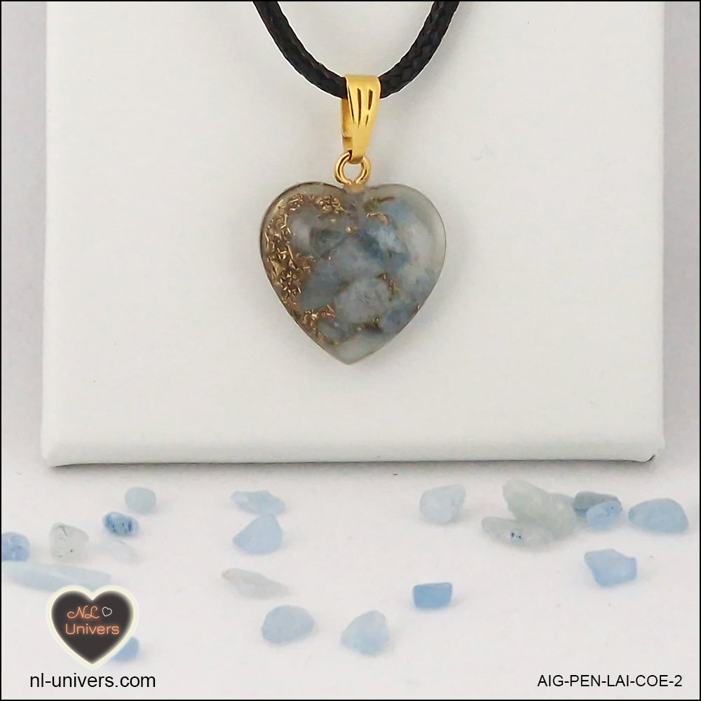 Aquamarine heart pendant M.1 in brass orgonite