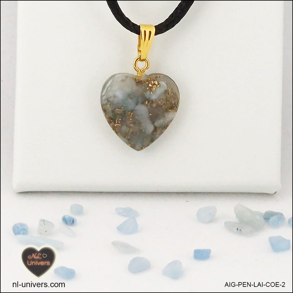 Aquamarine heart pendant M.1 in brass orgonite