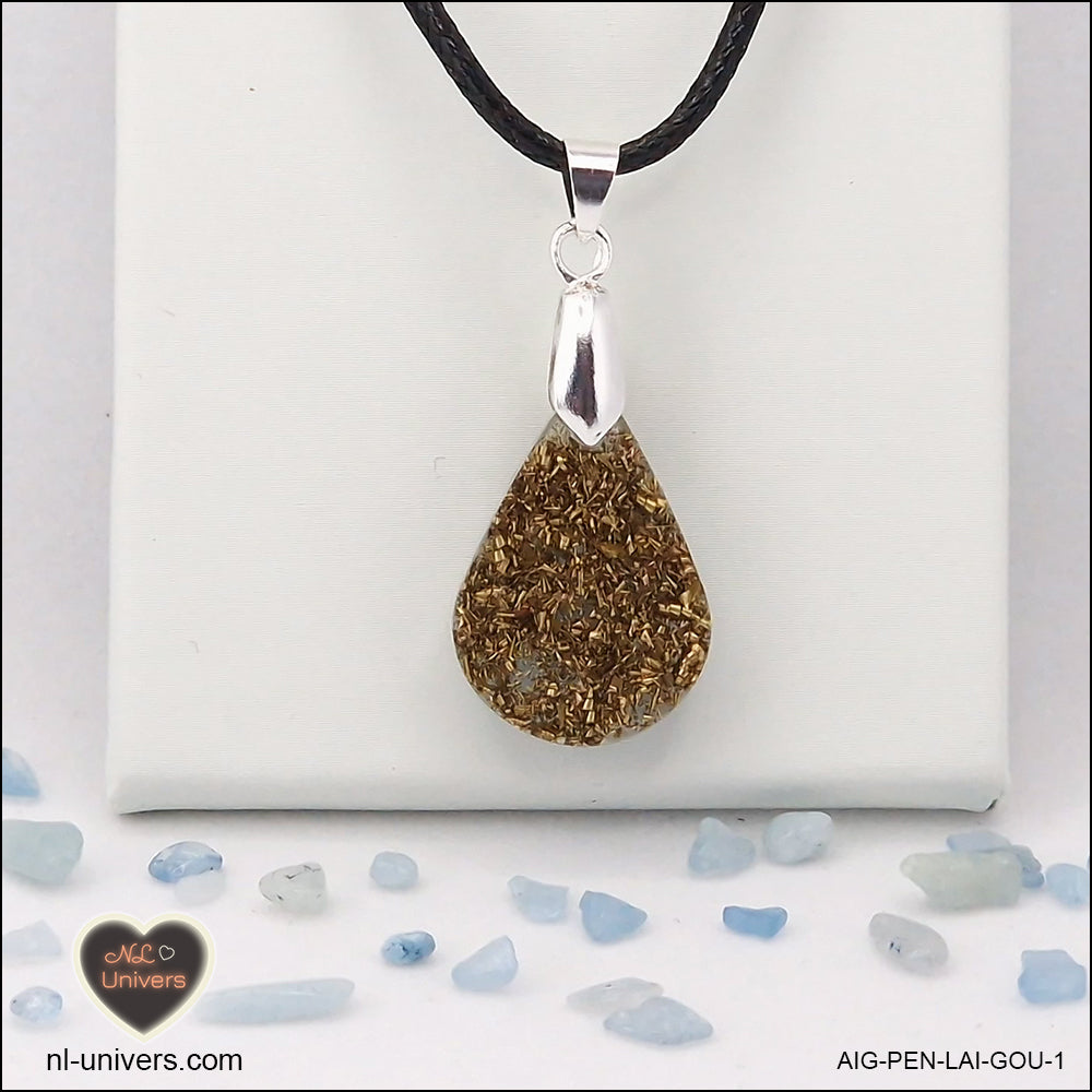 Pendentif Aigue-Marine goutte en orgonite laiton