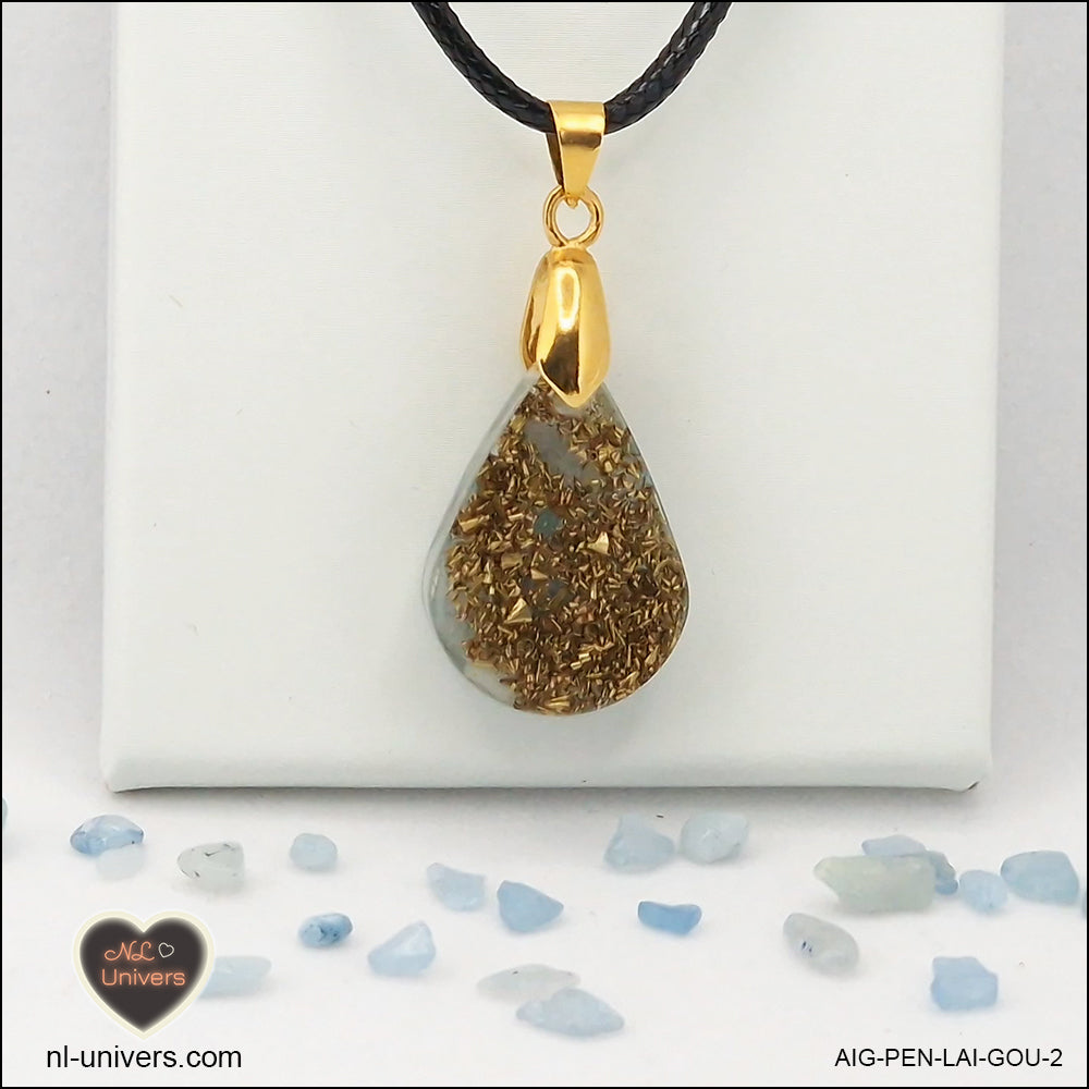 Pendentif Aigue-Marine goutte en orgonite laiton