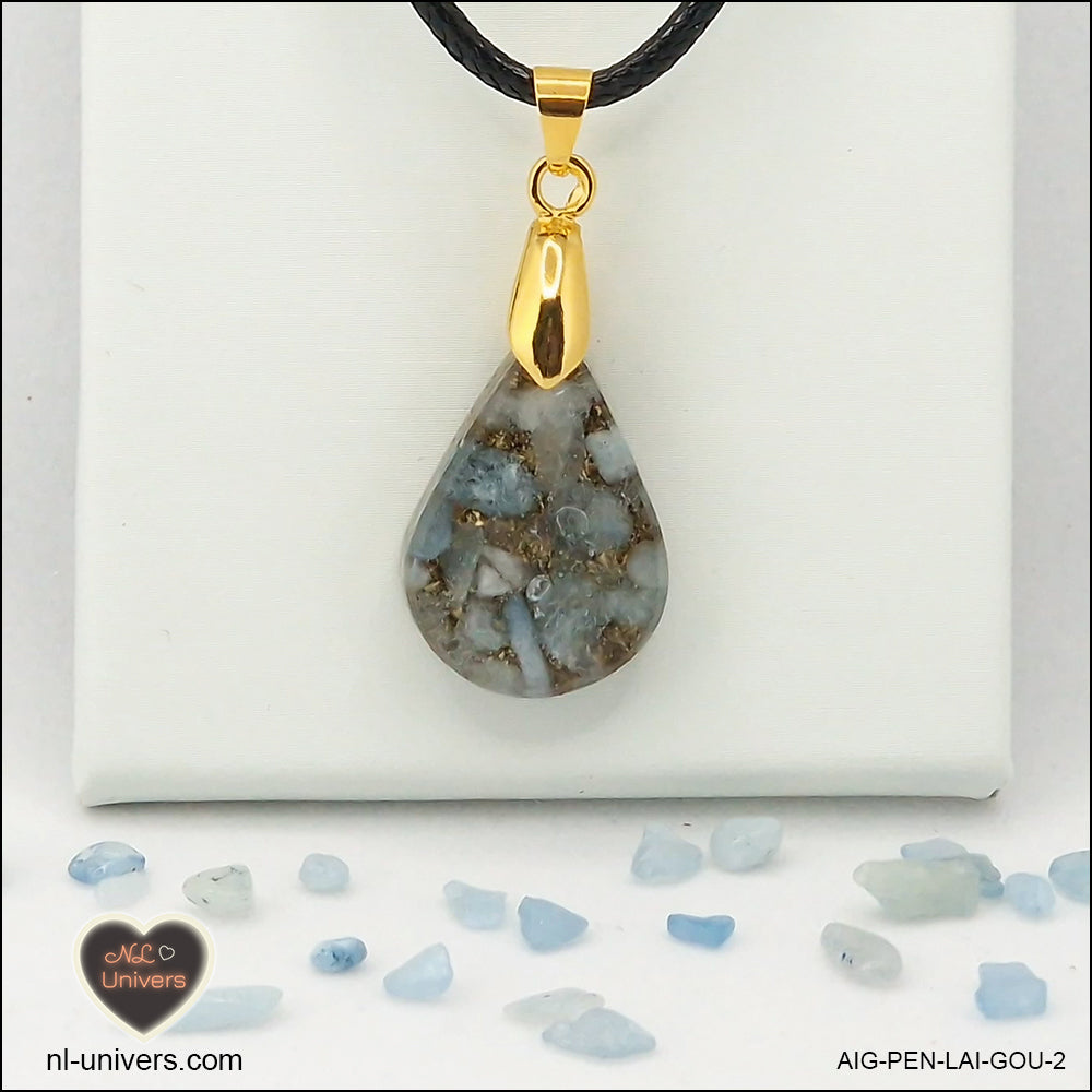 Aquamarine drop pendant in brass orgonite