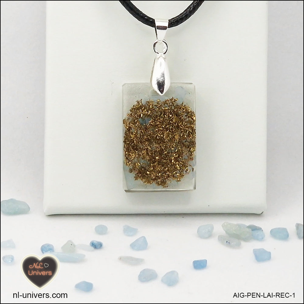 Pendentif Aigue-Marine rectangle M.1 en orgonite laiton