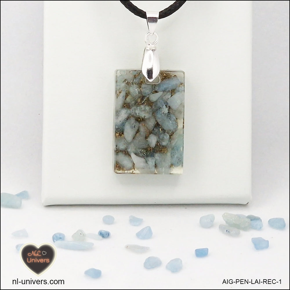 Aquamarine rectangle pendant M.1 in brass orgonite