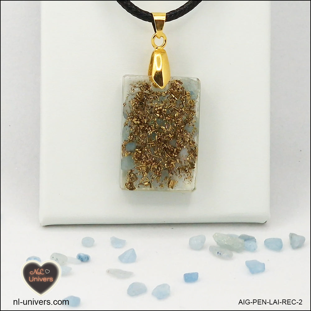 Pendentif Aigue-Marine rectangle M.1 en orgonite laiton