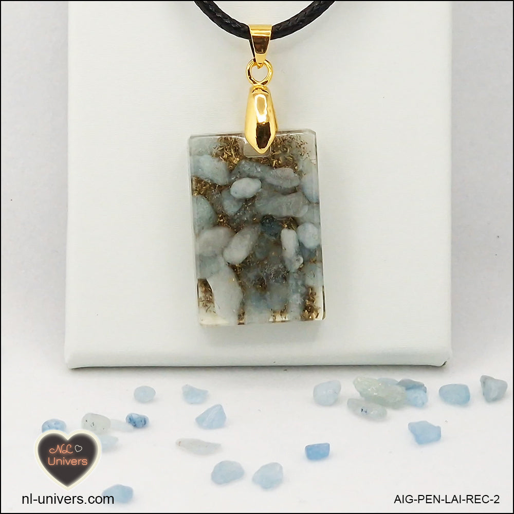 Aquamarine rectangle pendant M.1 in brass orgonite