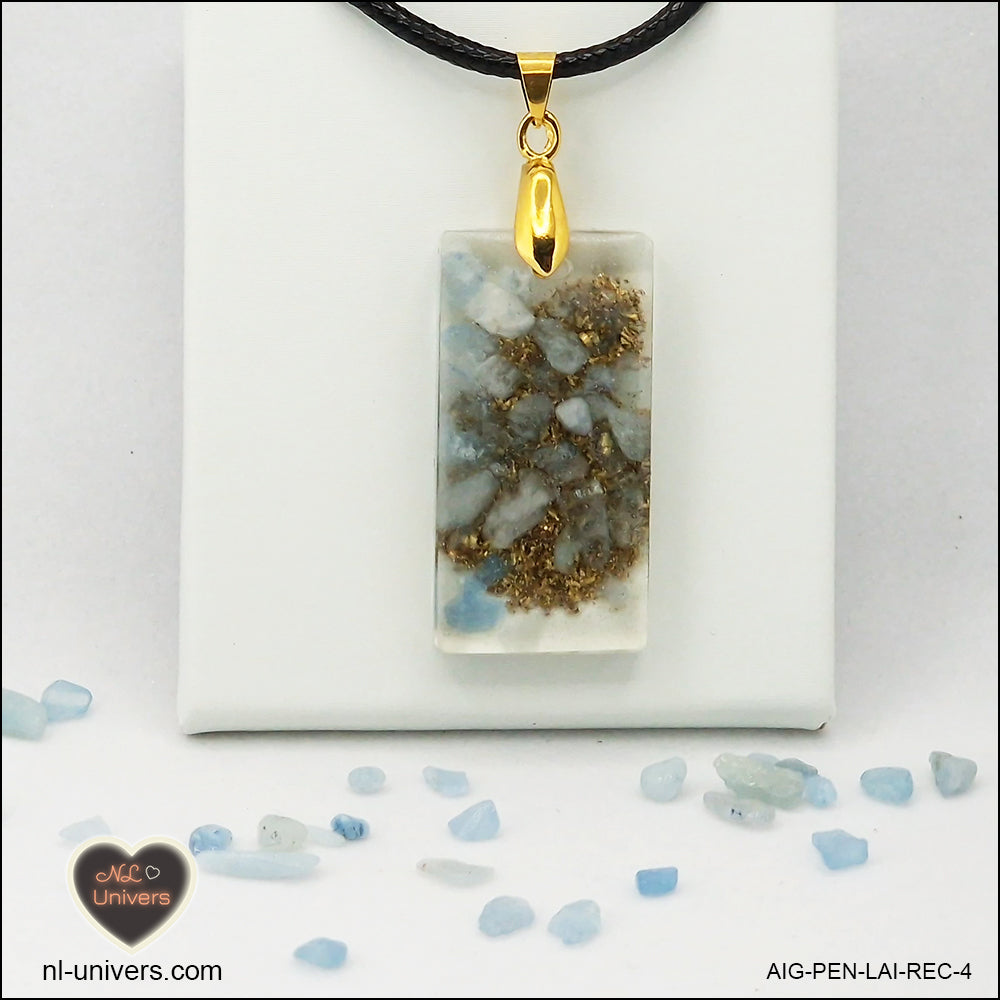 Aquamarine rectangle pendant M.2 in brass orgonite