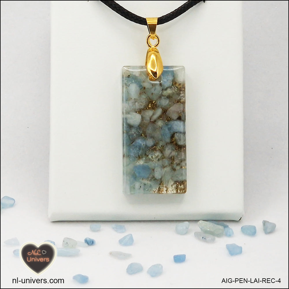 Aquamarine rectangle pendant M.2 in brass orgonite