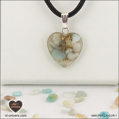 Pendentif Amazonite cœur M.1 en orgonite laiton