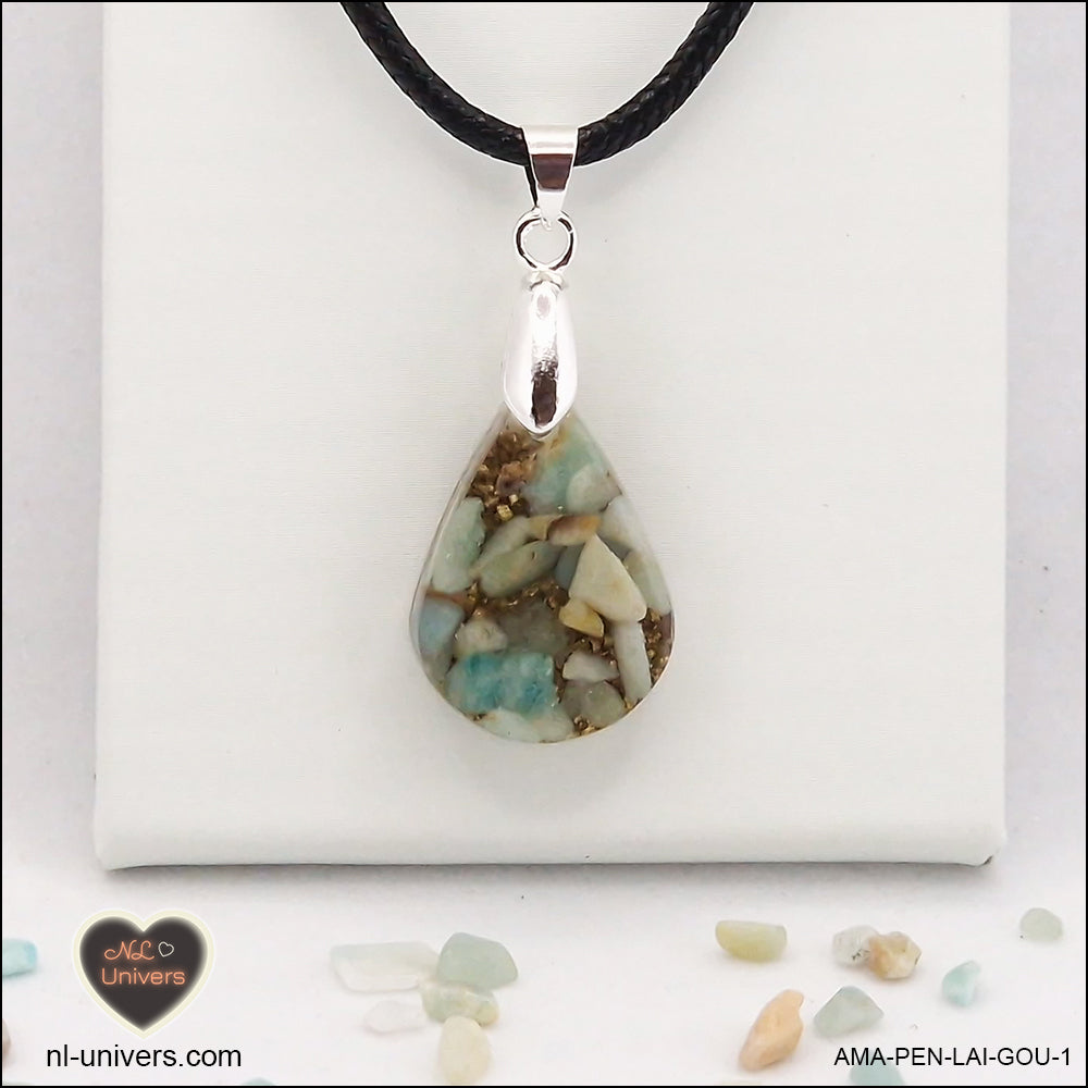 Pendentif Amazonite goutte en orgonite laiton