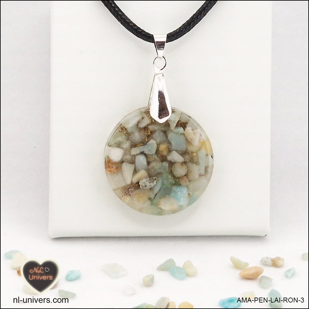 Pendentif Amazonite rond M.2 en orgonite laiton