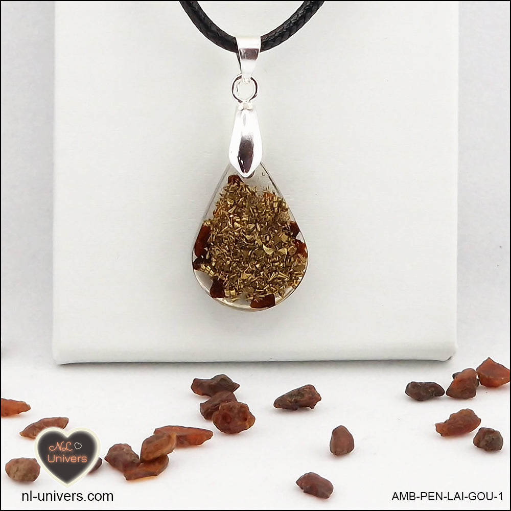 Amber drop pendant in brass orgonite