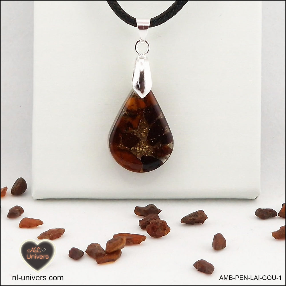 Amber drop pendant in brass orgonite