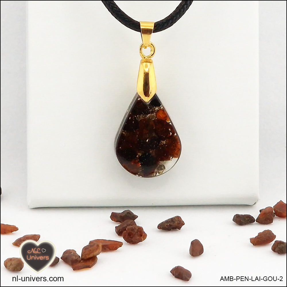 Amber drop pendant in brass orgonite