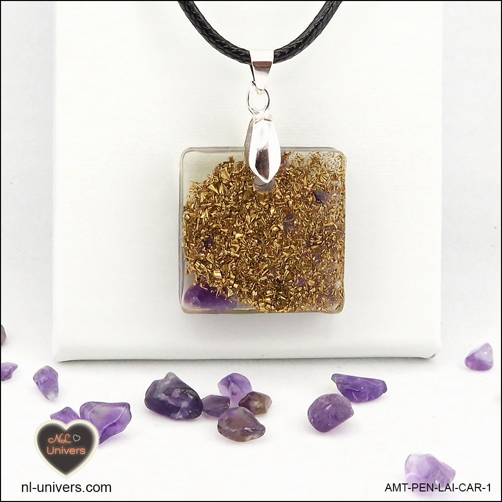 Square Amethyst pendant M.1 in brass orgonite