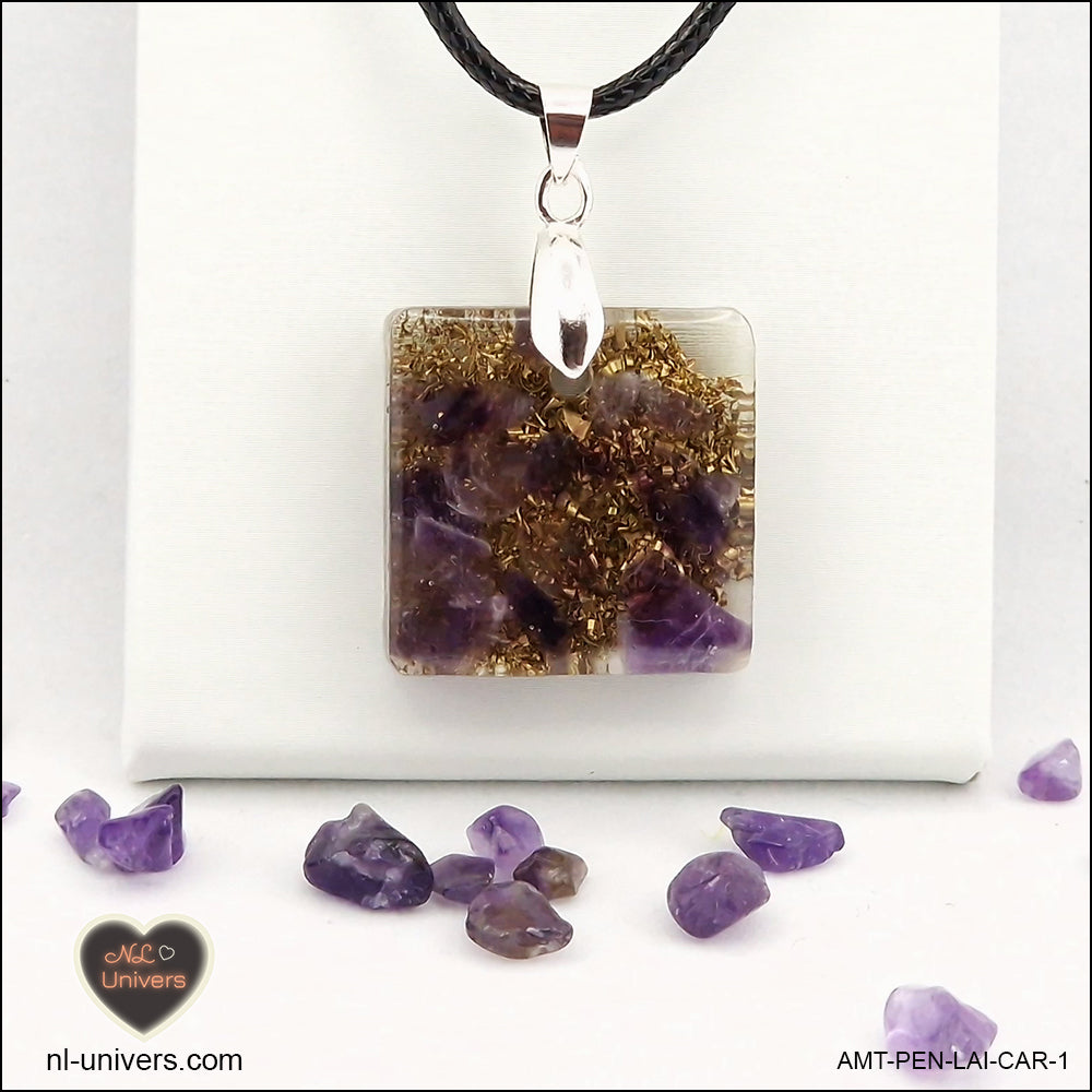 Square Amethyst pendant M.1 in brass orgonite