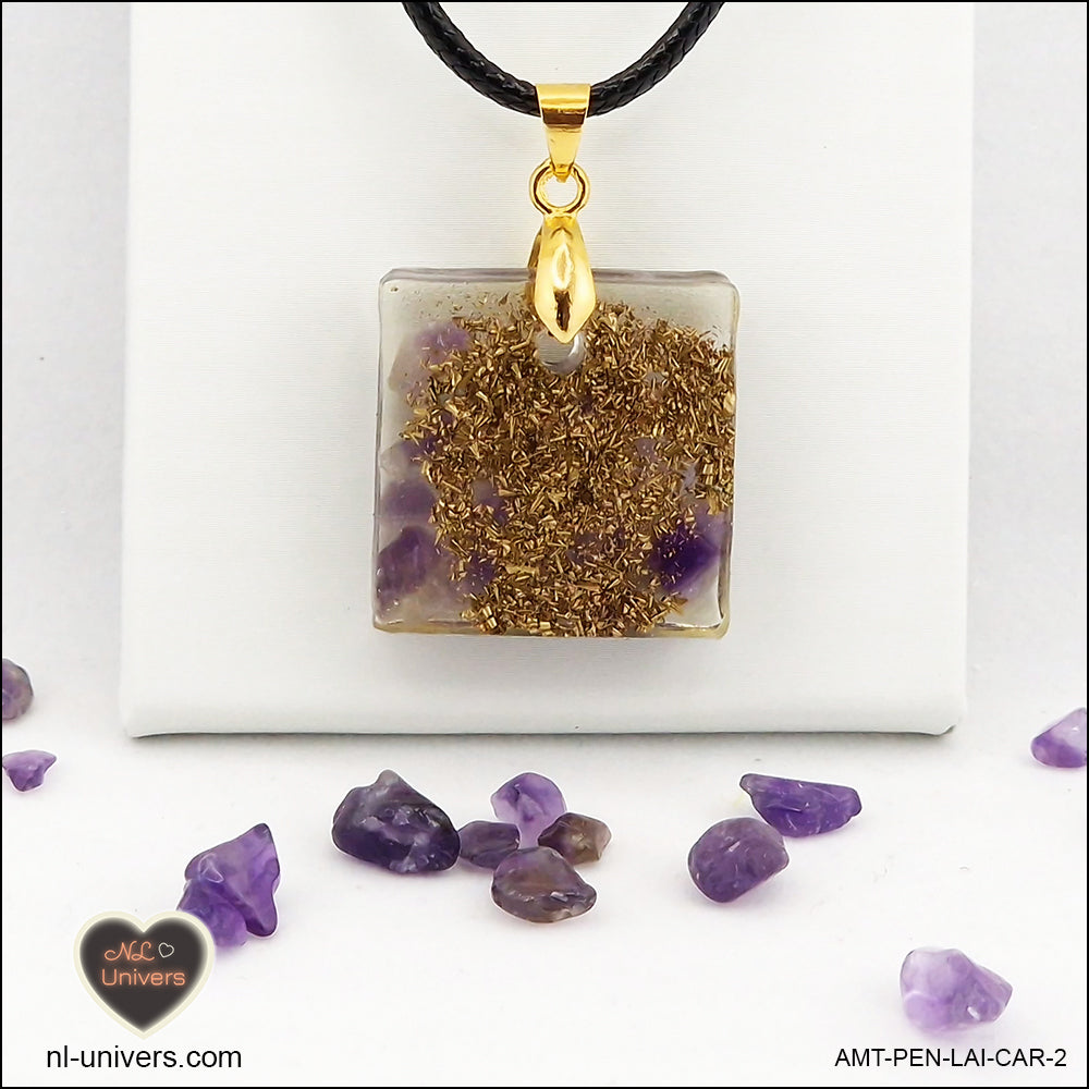 Square Amethyst pendant M.1 in brass orgonite