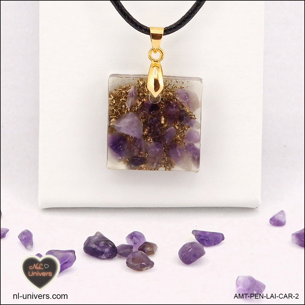 Square Amethyst pendant M.1 in brass orgonite