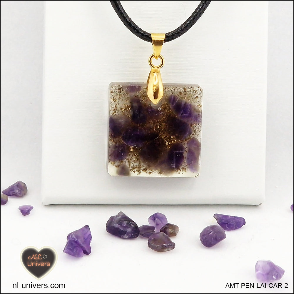 Square Amethyst pendant M.1 in brass orgonite