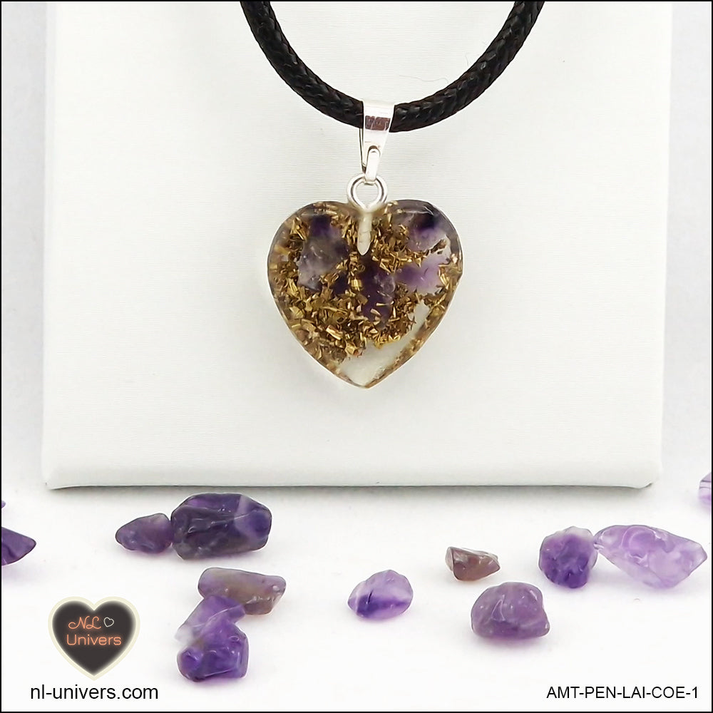 Amethyst heart pendant M.1 in brass orgonite