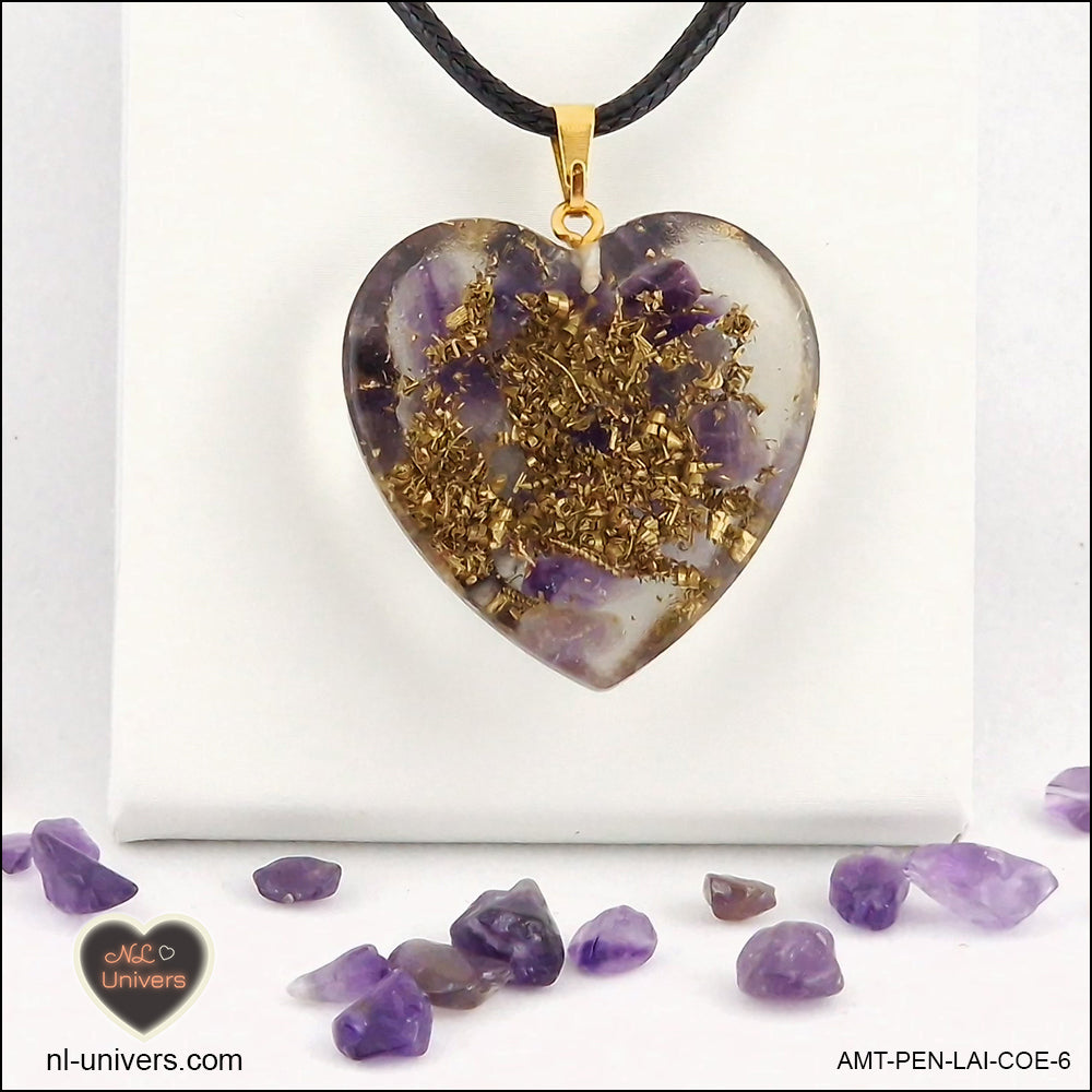 Amethyst heart pendant M.3 in brass orgonite