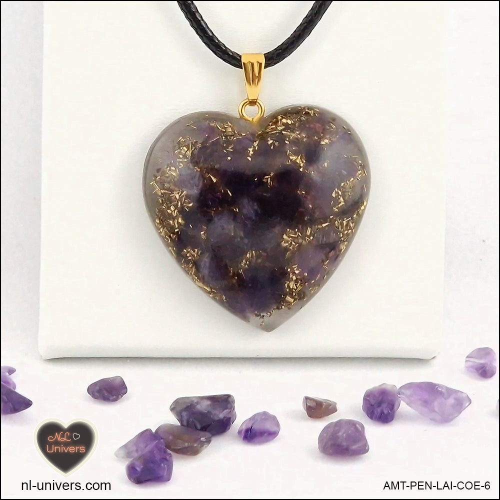 Amethyst heart pendant M.3 in brass orgonite