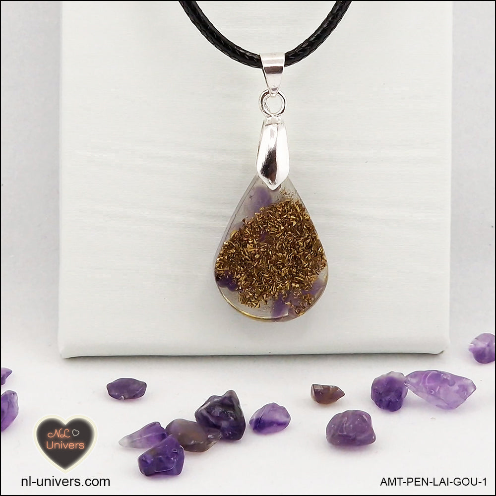 Amethyst drop pendant in brass orgonite