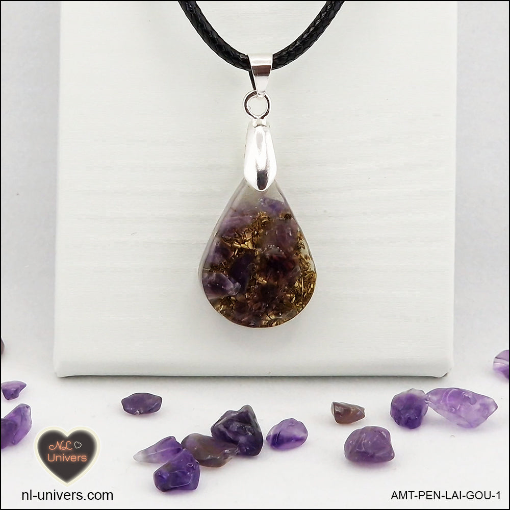 Amethyst drop pendant in brass orgonite