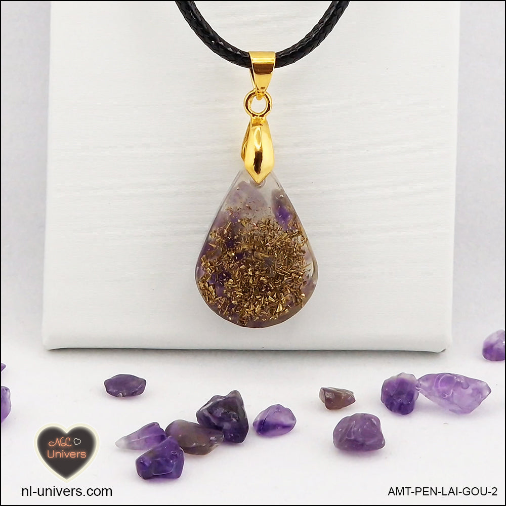 Amethyst drop pendant in brass orgonite