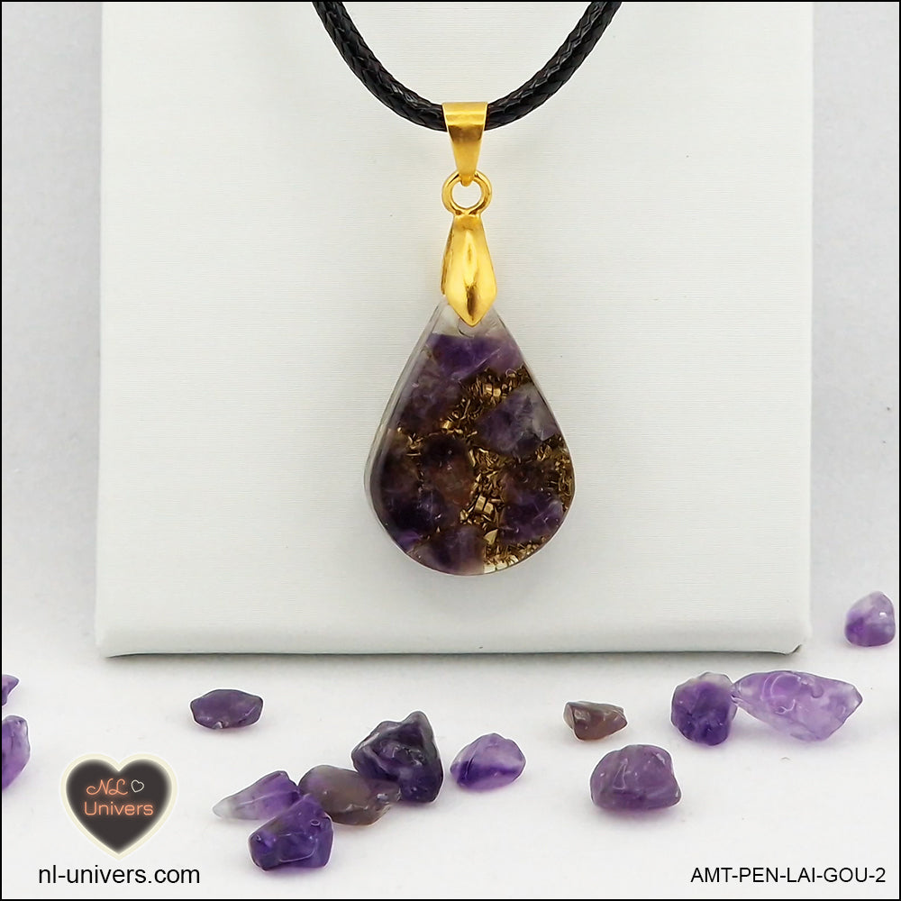 Amethyst drop pendant in brass orgonite